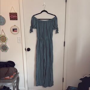 Elegant Blue Striped Off-Shoulder Jumpsuit